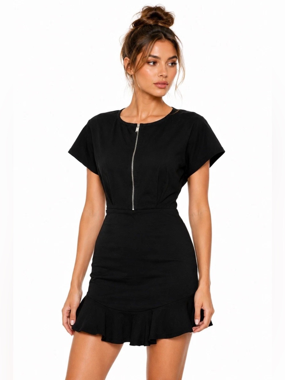 Black Zip-Front Mini Dress with Ruffle Hem